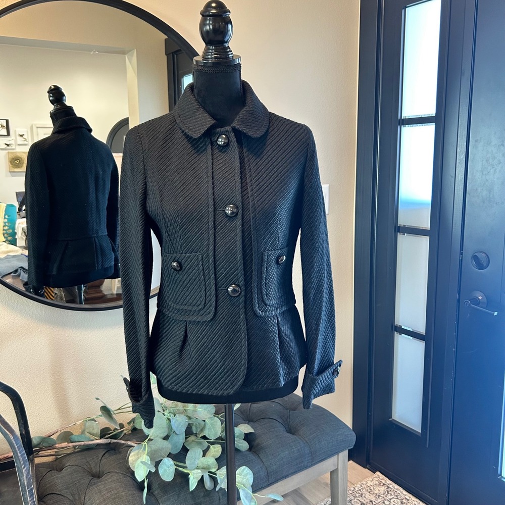 Talbots Black Herringbone Wool Blend Blazer Jacket Peplum Back Size 4 NWT